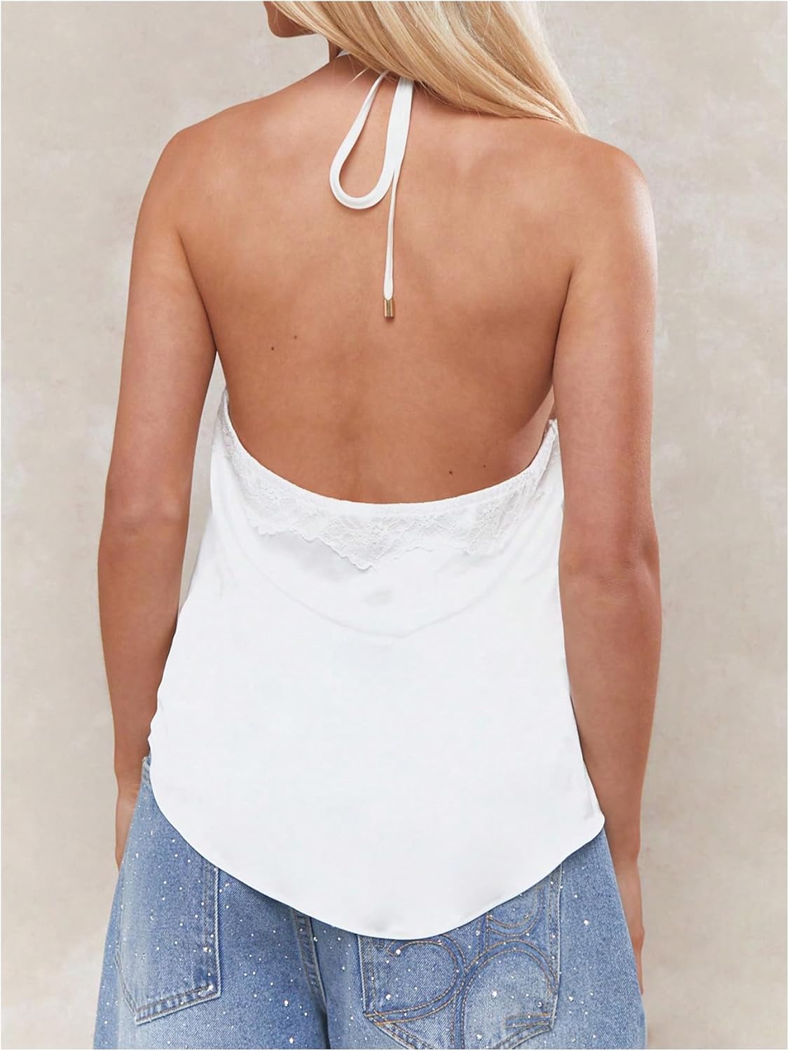 Milumia Women's Satin Lace Trim Halter Top Tie Backless Sleeveless Party Club Cami Tops - Image 2