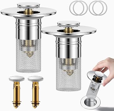 Bathroom Sink Stopper Hair Catcher, Pop Up Sink Drain Stopper with Removable Stainless Steel Filter Basket Hair Catcher for Universal Bathroom Basin Sink Stopper Replacement Silver, 2pack