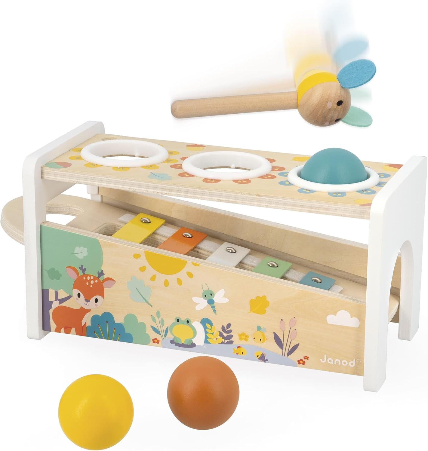 Janod Tap Tap Xylo Pure 2-in-1 Baby Musical Instrument - Awakening and Educational Game - Wooden Toy with 3 Balls Hammer Xylophone - From 12 Months Old J05155