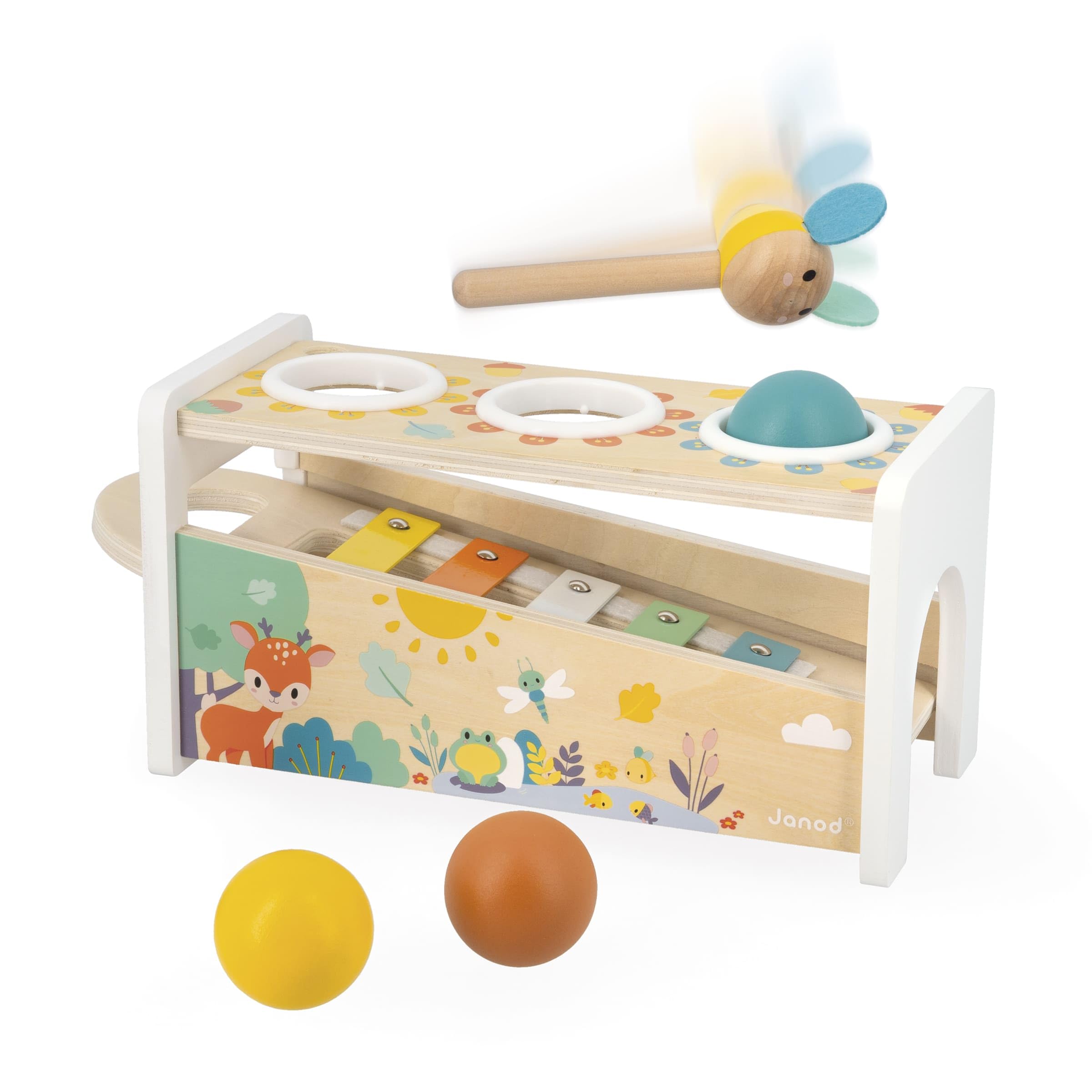 Janod - Tap Tap Xylo Pure - Jouet en Bois 2 en 1 - Jeu d'Éveil Musical et d'Adresse - avec 3 Balles + Marteau + Xylophone - Dès 1 an, J05155