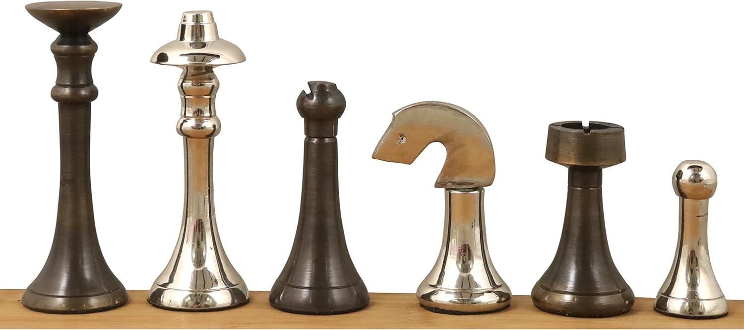 RoyalChessMall - 3.1" Contemporary Brass Metal Luxury Chess Pieces Only Set - Silver & Antique