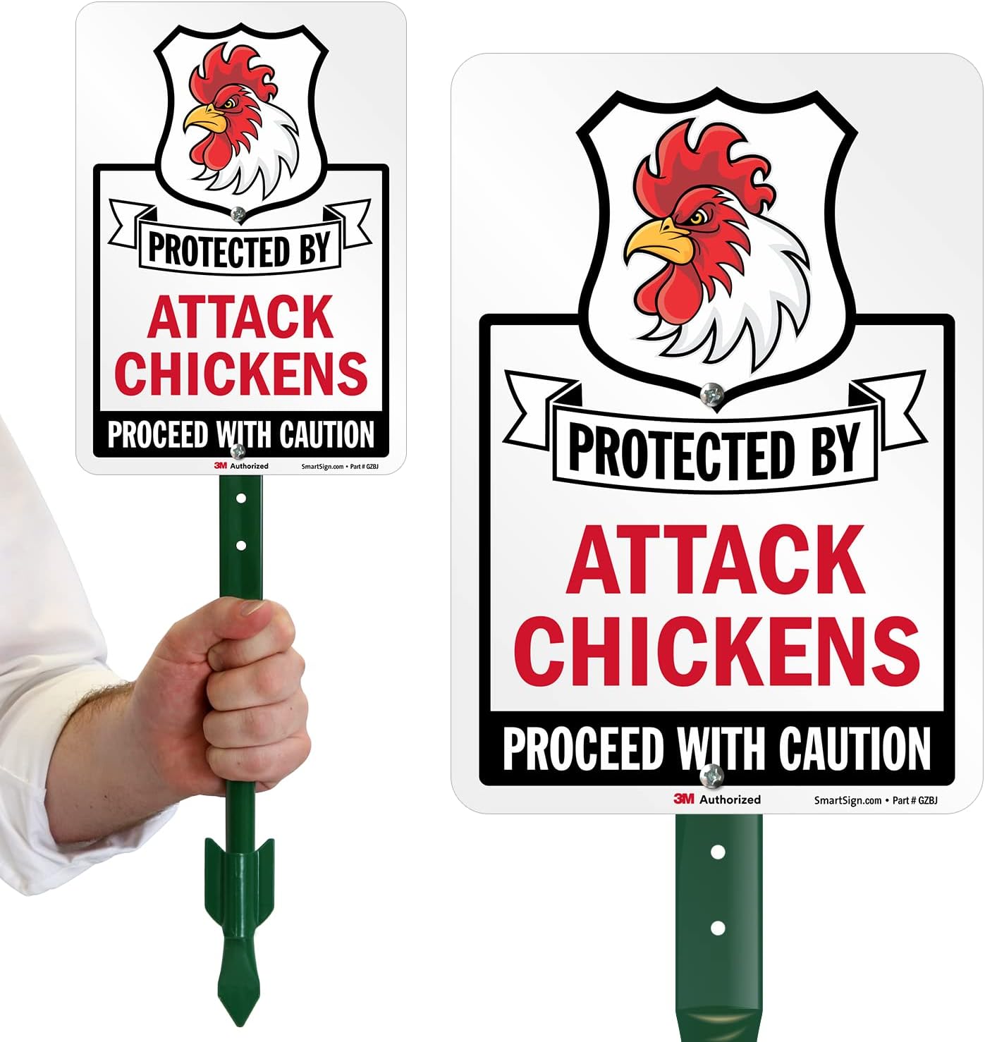 SmartSign 10 x 7 inch “Protected By Attack Chickens - Proceed With Caution” Yard Sign with 18 inch Stake, 40 mil Aluminum, Laminated Engineer Grade Reflective, Multicolor