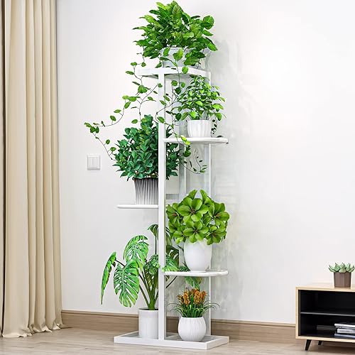 Miniatura 10 de LINZINAR Soporte para plantas de metal para interiores y exteriores, 6 niveles, 7 macetas, estante múltiple para macetas, estante para patio,