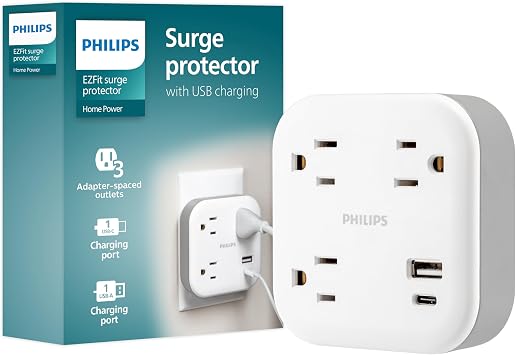 Philips Surge Protector Outlet Extender + USB Ports, 3 Outlet Wide-Spaced