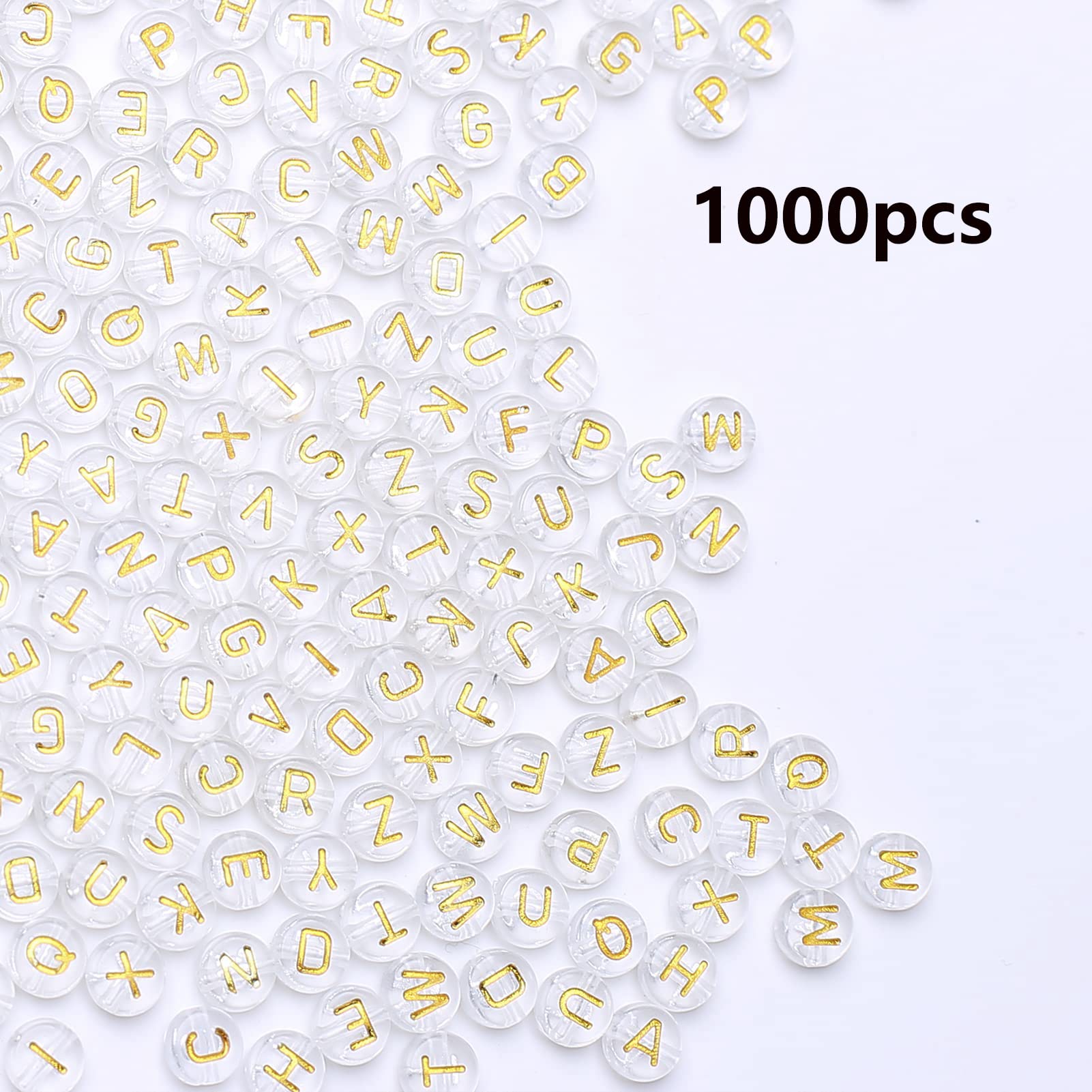 HERZWILD 1000pcs Transparent Letter Beads Gold Alphabet Bead Acrylic Letters A-Z Beads Flat Round Transparent Craft Bead 4*7mm for Jewelry Making Friendship Bracelet Holiday Decorations(47 clear-gold)