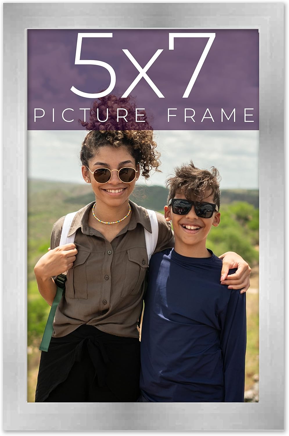 CustomPictureFrames 5x7 Stainless Silver Picture Frame - Solid Wood Silver Modern Picture Frame, UV Acrylic, Foam Board Backing & Hanging Hardware - Display Poster Art, Family Photos & Picture Collage