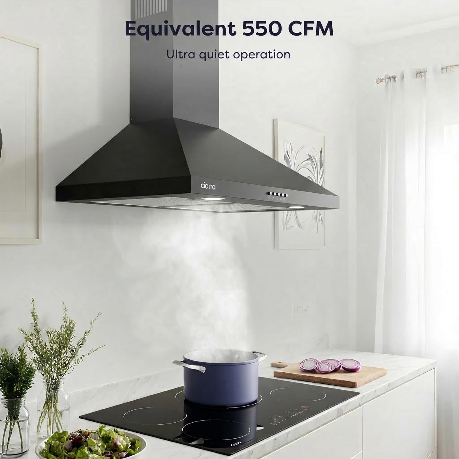 CIARRA Black Wall Mount Range Hood 30 inch 550 CFM Stove Vent Hood with 2 LED Light for Kitchen, 3 Speed Fan, Ducted & Ductless Mode, Push Button, Easy to Install, CAB75206P-N