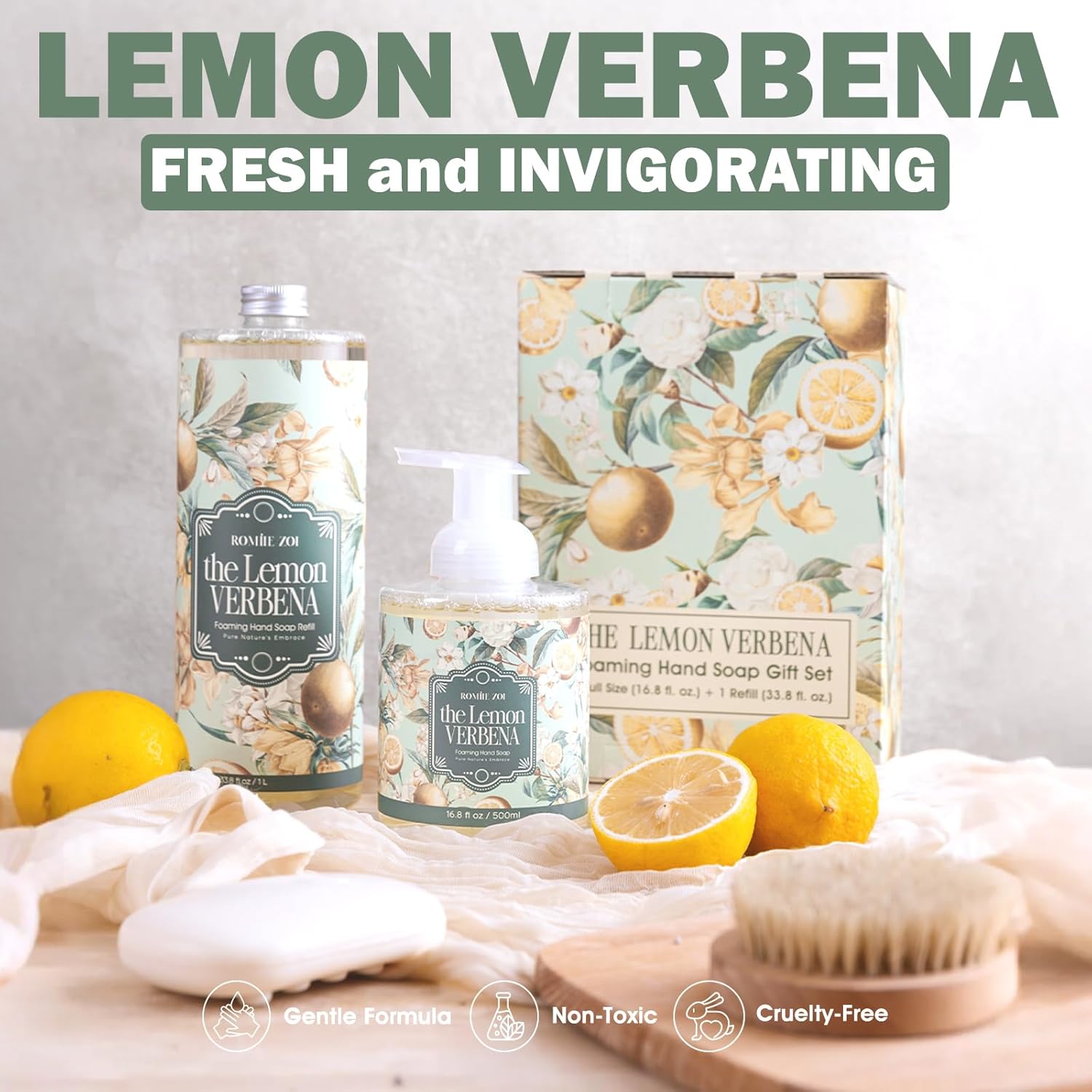 ROMIIE ZOI Foaming Hand Soap Gift Set, 1000ml Refill+500ml Foaming Soap, Cruelty-Free, Biodegradable Formula with Essential Oils for Sensitive Skin, Lemon Verbena Scent, For Kitchen & Bathroom