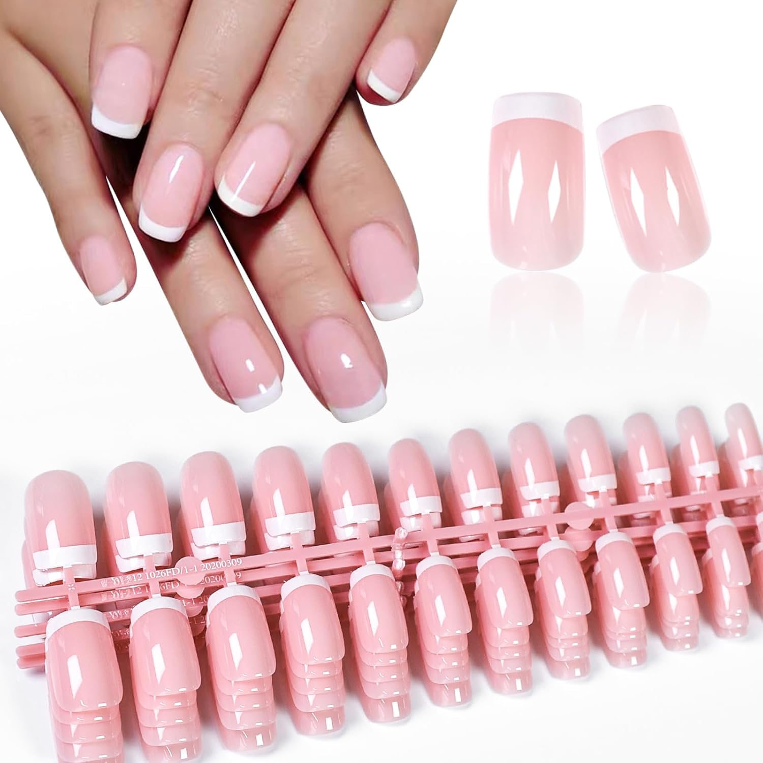 120Pcs 5 Packs French Tips Glossy Light Pink Press on Nails Glossy French Nail Art Tips Squoval False Nails Salon Manicure Kits Reusable Acrylic Fake Fingernails with Adhesive Tabs