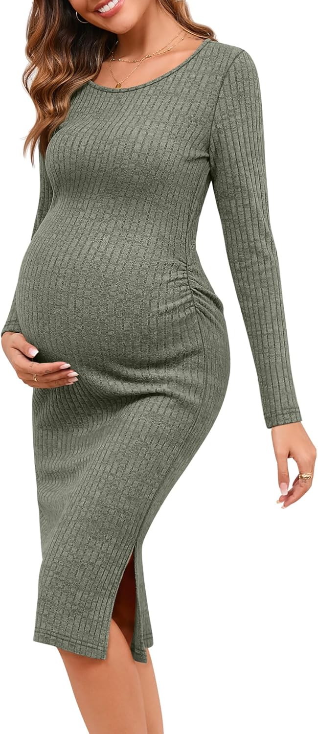 Ficerd Women's Ribbed Knit Maternity Dresses Long Sleeve Pregnancy Bodycon Dress 2025 Split Stretchy Clothes for Baby Shower