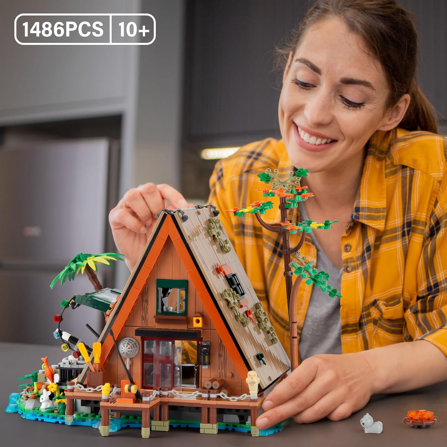 A-Frame Cabin Building Set, MOC Ideas Cabin House Collectible Model Kit with LED for Adults and Kids Age 12+, Gifts for Nature and Architecture Lovers (1486 Pcs)