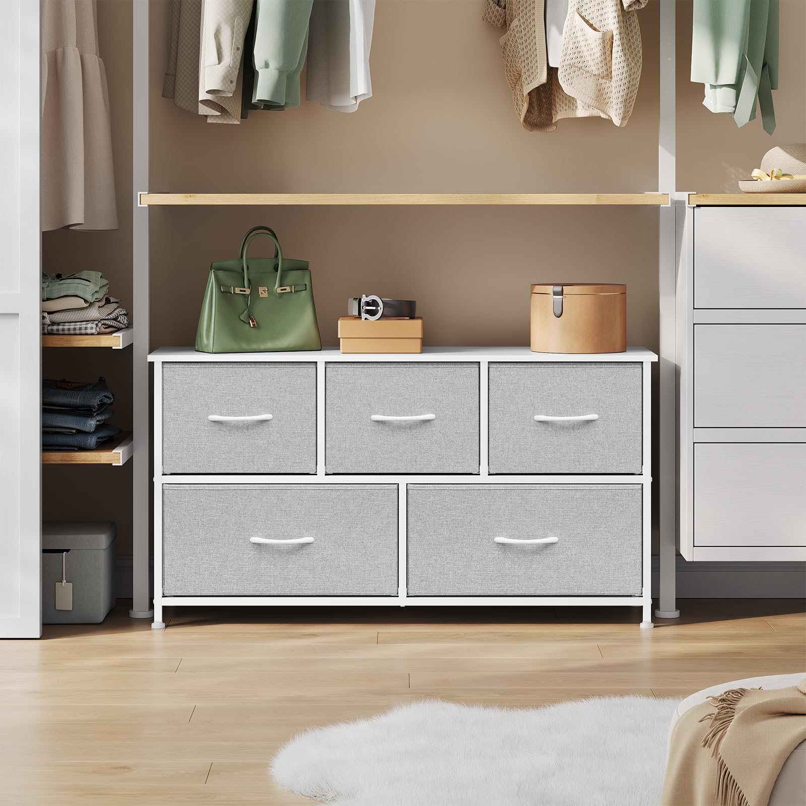 WOLTU Kommode mit 5 Schubladen aus Stoff, Kommodenschrank Sideboard TV-Schrank, für Wohnzimmer Schlafzimmer Flur, aus Metallrahmen Holzwerkstoff, Hellgrau+Weiß, SSK005hgws