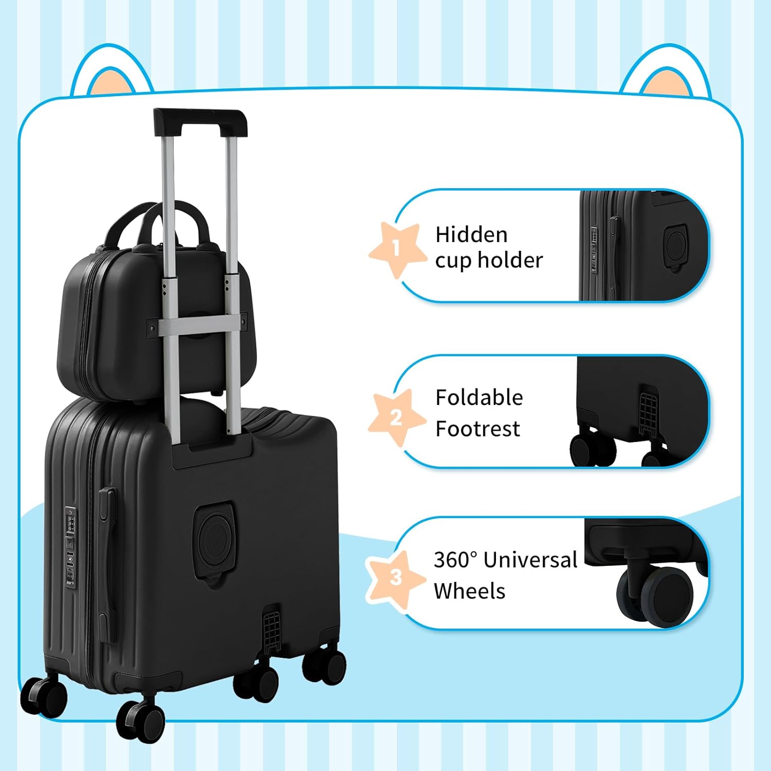 6-Wheel Ride On Luggage with Portable Bag, Foldable Footrest, Carry On Suitcase with Adjustable Handle, TSA Lock, Type-C& USB Interface,Hidden Cup Holder for kids.