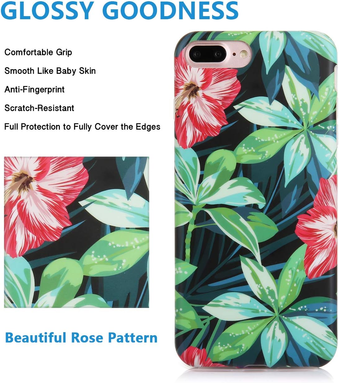 iPhone 8 Plus iPhone 7 Plus Case Cute Tropical Hibiscus Flowers Floral Pattern IMD Hybrid Hard TPU Shockproof Fun Phone Cases for Women Girls[5.5"]