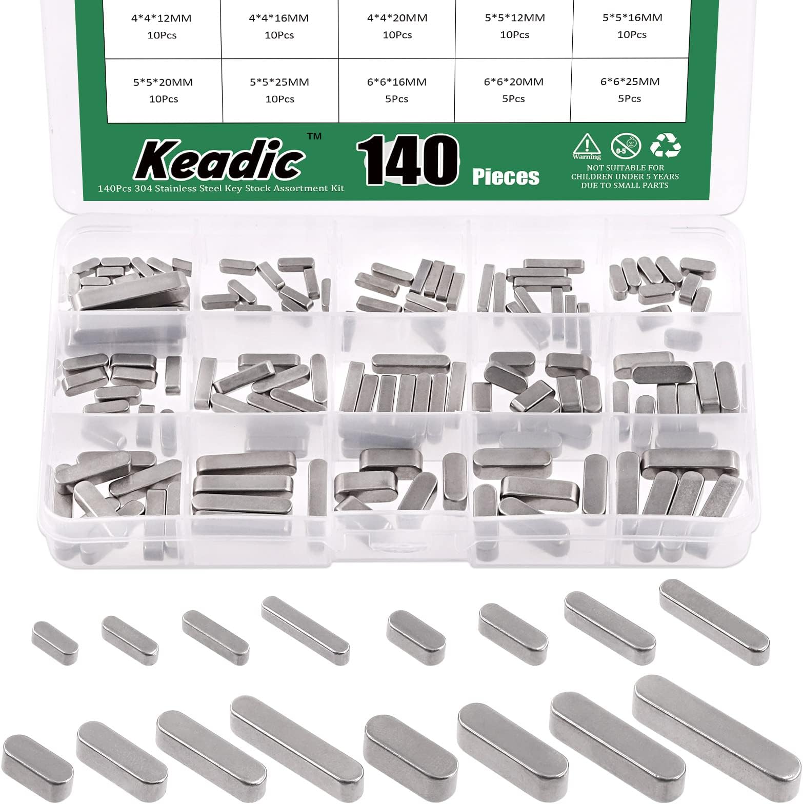 Keadic 140Pcs 16 Sizes 304 Stainless Steel Key Stock Assortment Set 8mm 10mm 12mm 16mm 20mm 25mm 30mm Round Ended Parallel Drive Shaft Key Parallel Keys Pulley Feather Key for Fastening Connection