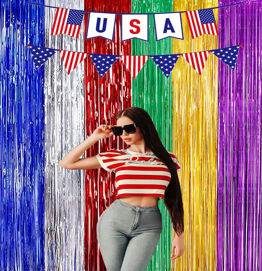 2 Pack 3.3ft×6.6ft Rainbow Photo Backdrop Metallic Foil Fringe Curtains Party Stage Wedding Event Chrismas Party Decoration Multi, one size