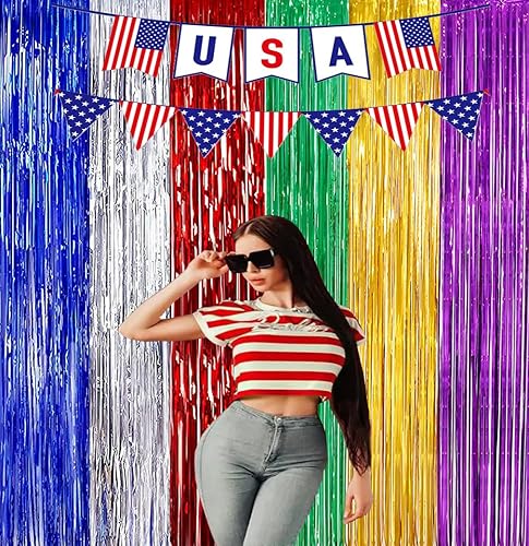 Miniatura 2 de Paquete de 2 cortinas de fondo de fotos de arcoíris de 3.3 x 6.6 pies, cortinas de flecos de oropel de papel de aluminio para puerta de cumpleaños,