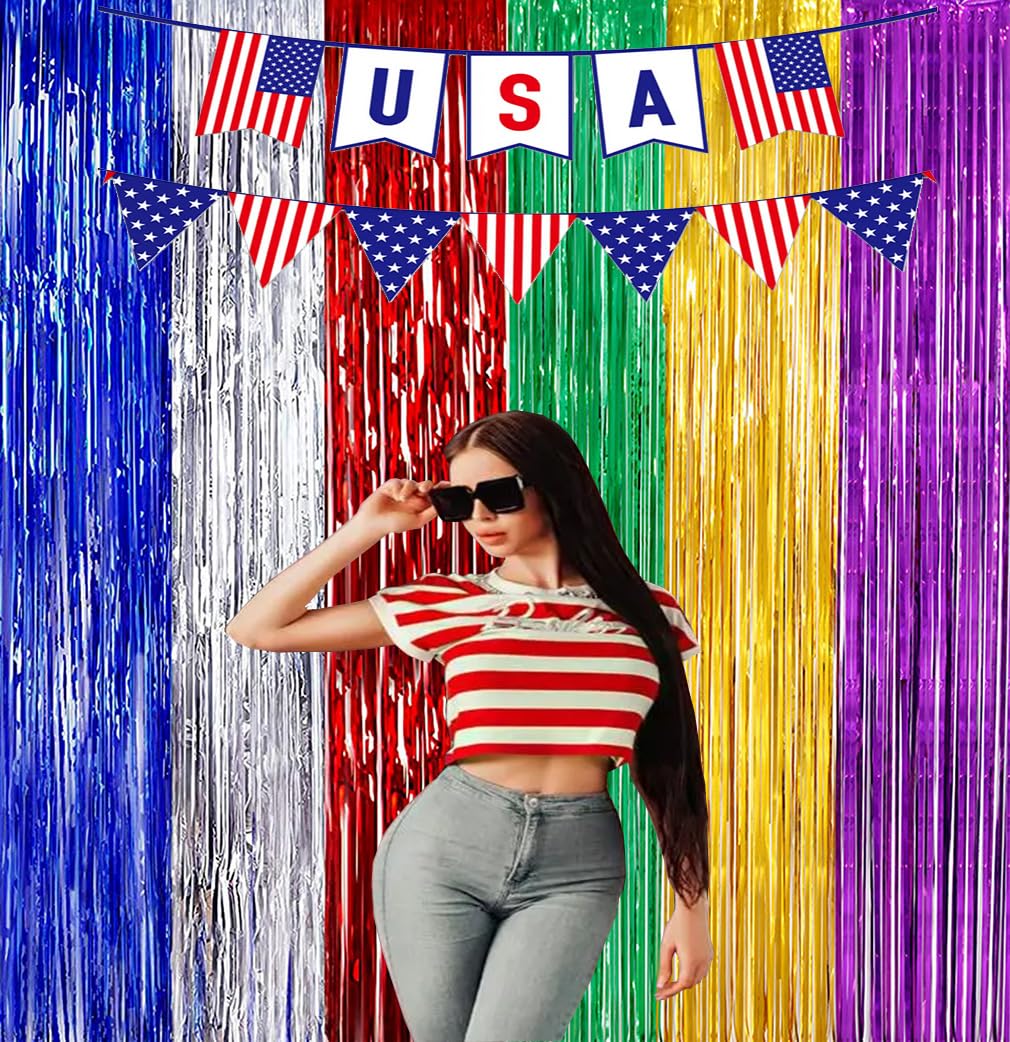 2 Pack 3.3ft×6.6ft Rainbow Photo Backdrop Metallic Foil Fringe Curtains Party Stage Wedding Event Chrismas Party Decoration Multi, one size