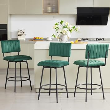 Swivel Counter Height Barstool with Back, Upholstered 26 Counter Stool with Metal Frame, Channel Seat Back, Set of 3 Velvet Green
