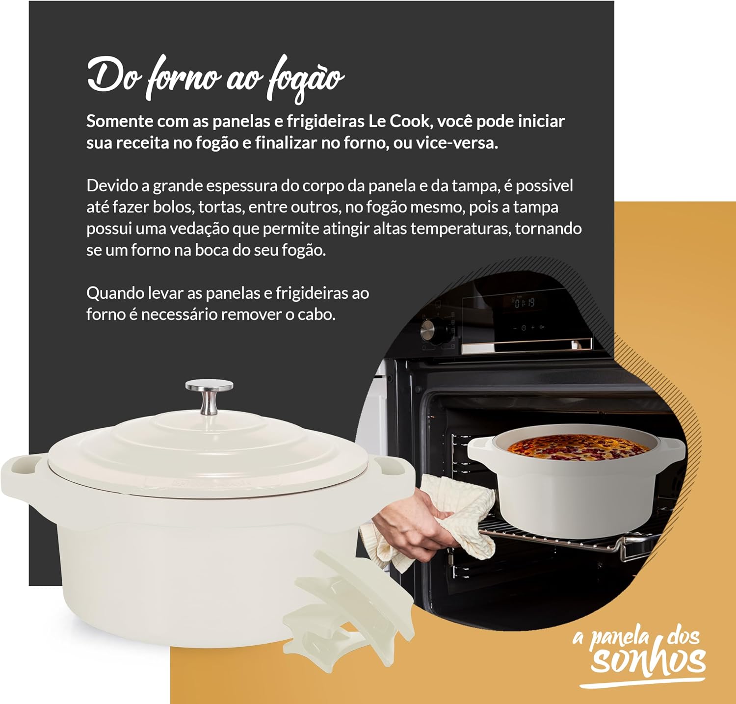 LE COOK Jogo de Panelas Premier Antiaderente Cerâmica 4 Peças Off White Caçarolas, Panela e Frigideira com Cabos Removíveis Revestimento Cerâmico Para Todos os Fogões e Forno Utensílios Gourmet