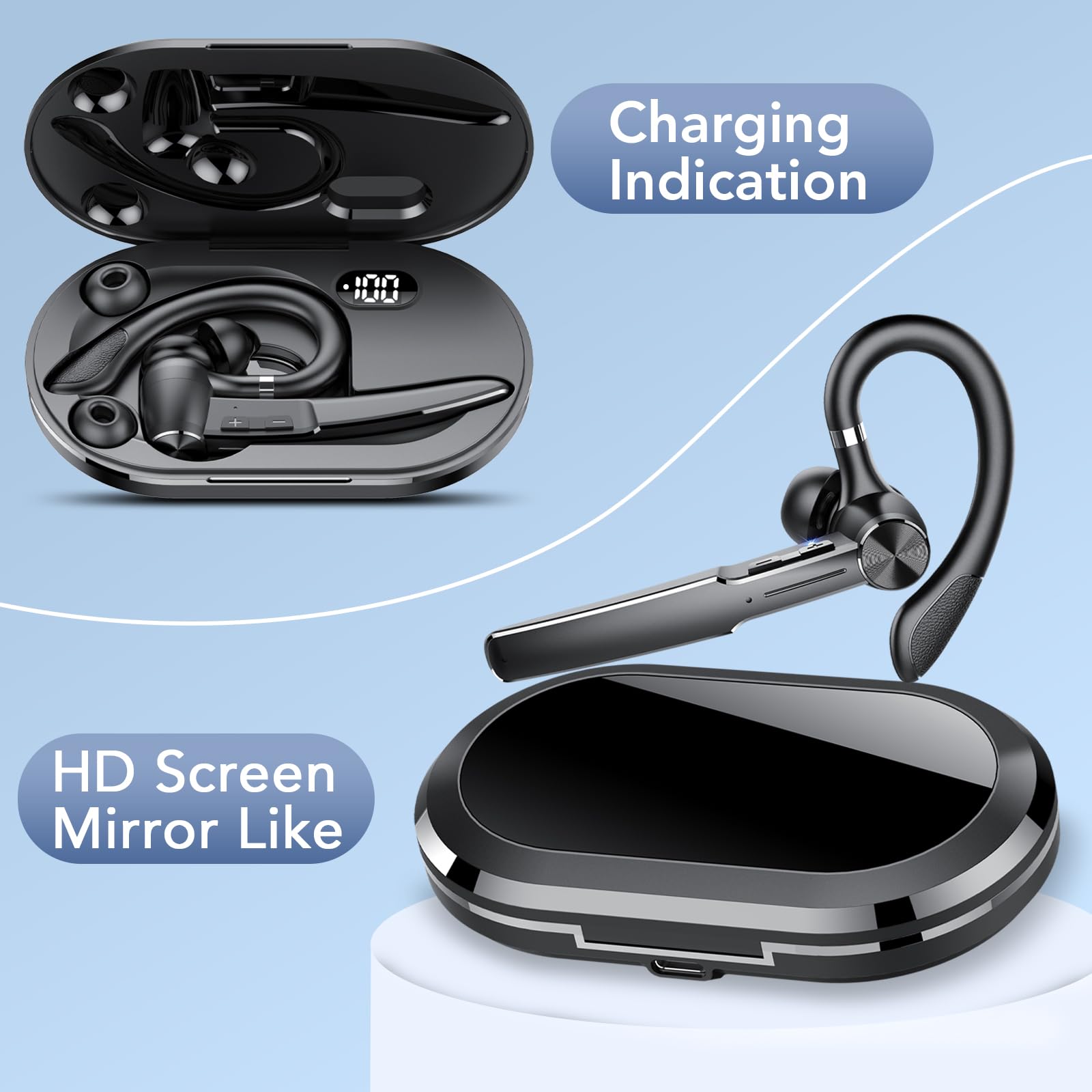 Auricolari Bluetooth V5.3, Auricolare Bluetooth Singolo con HD CVC8.0, Auricolare con 110 Ore, 4 Mics Cuffie Bluetooth Singolo con Funzione di Riduzione del Rumore, IPX7 Impermeabile/Guida/Lavoro/Nero