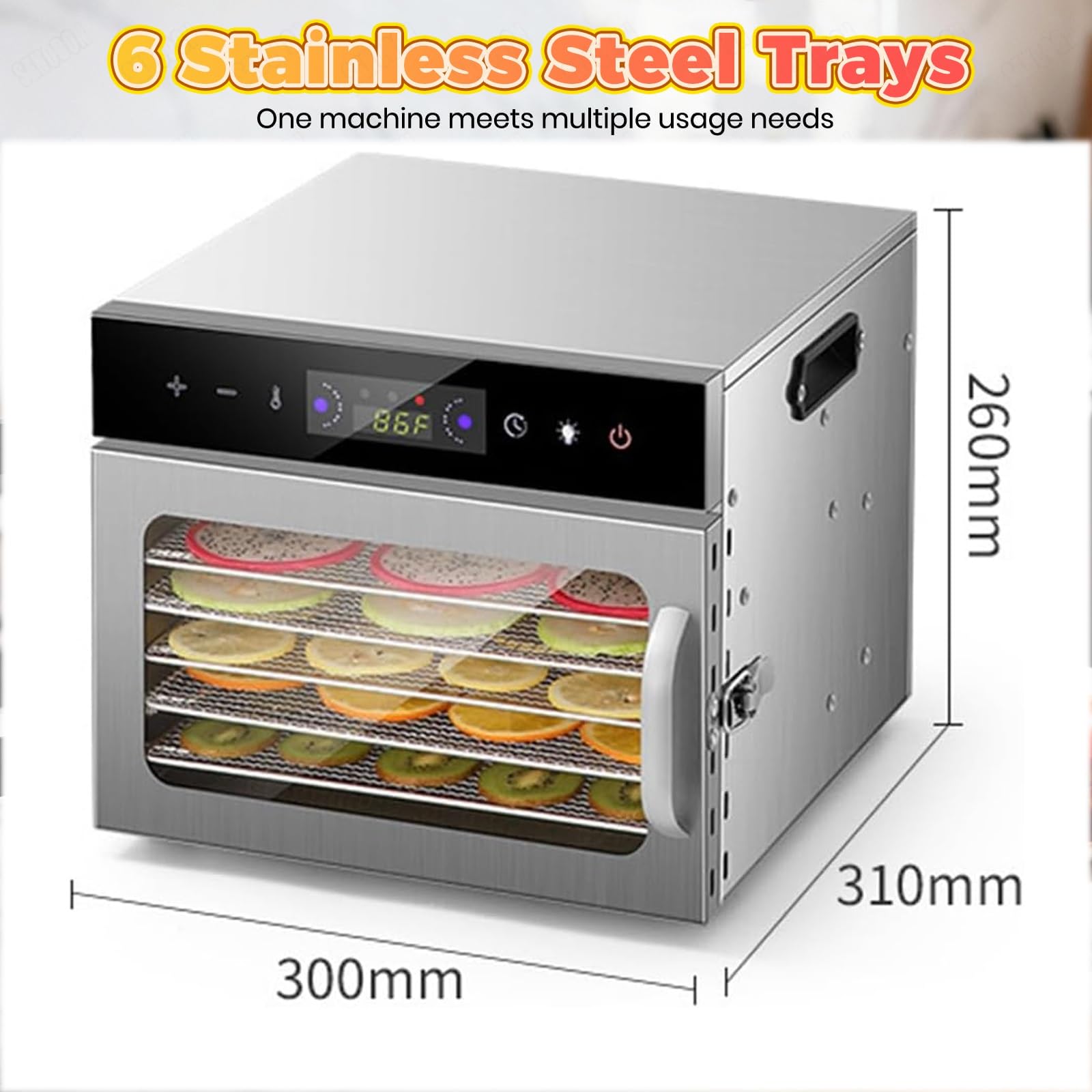 Deshidratador digital silencioso de 400 W, 6/8 bandejas, puerta de vidrio y flujo de aire 360°.35–74 °F, funcionamiento eficiente para elaborar snacks saludables, frutas desecadas