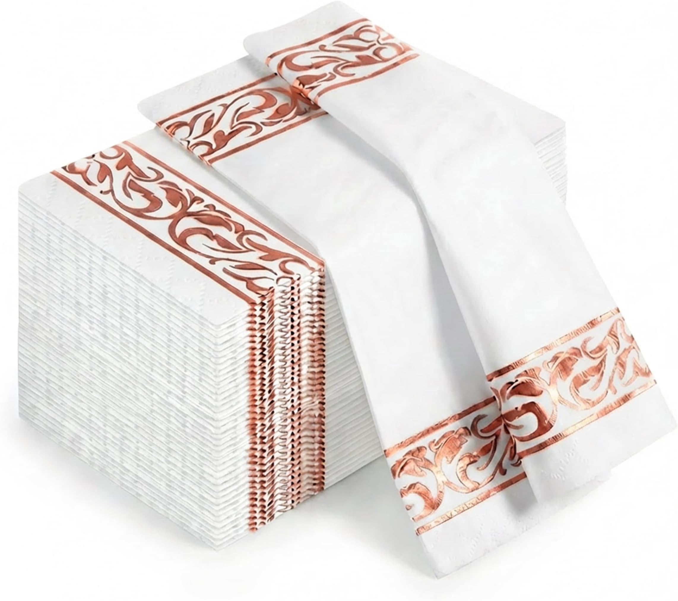 100 Pack Disposable Guest Towels for Bathroom & Wedding - Soft Paper Napkins with Rose Gold Metallic Foil Stripe - Absorbent Dinner Hand Towels for Party