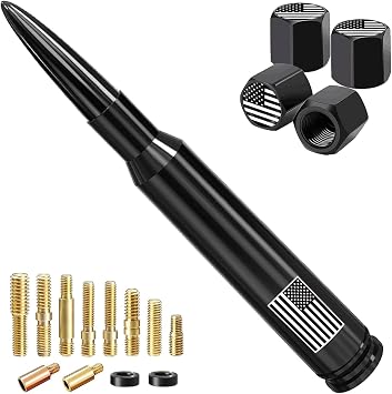 Truck Car Bullet Antenna with Valve Stem Caps,America Flag Desgin,Mast for GM Chevy Silverado 1500 2500 3500 Ford F150 F250 F350 Denali Pickup Truck Accessories Black-Car wash Safe
