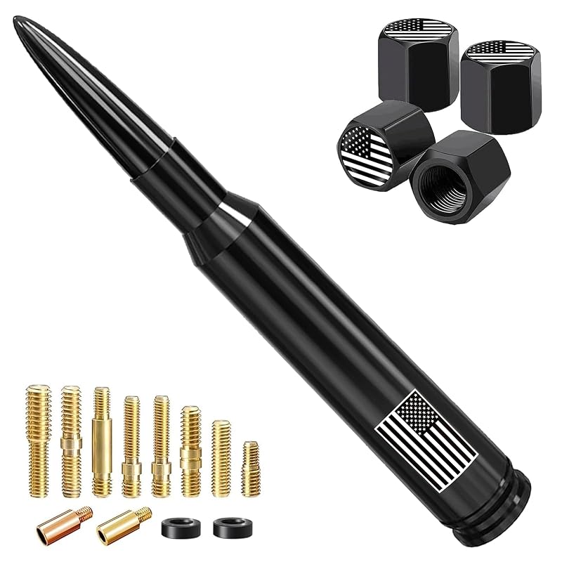 Antena Automotiva Bullet para Rádio AM/FM com Bandeira dos Estados Unidos e Tampas de Válvula, HVSTTPK, 13,97 cm, para GM, Chevrolet Silverado, Ford F-150, F-250 e F-350