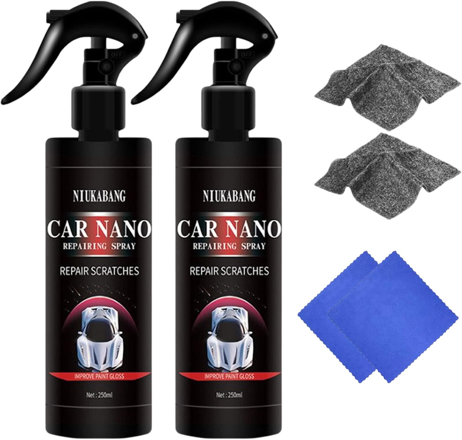 Nano Car Scratch Removal Spray, Car Scratch Repairing Spray with Nano Cloth, Fast Scratch Remover Coating Oxidation Liquid for Vehicles (250ML-2Pcs)