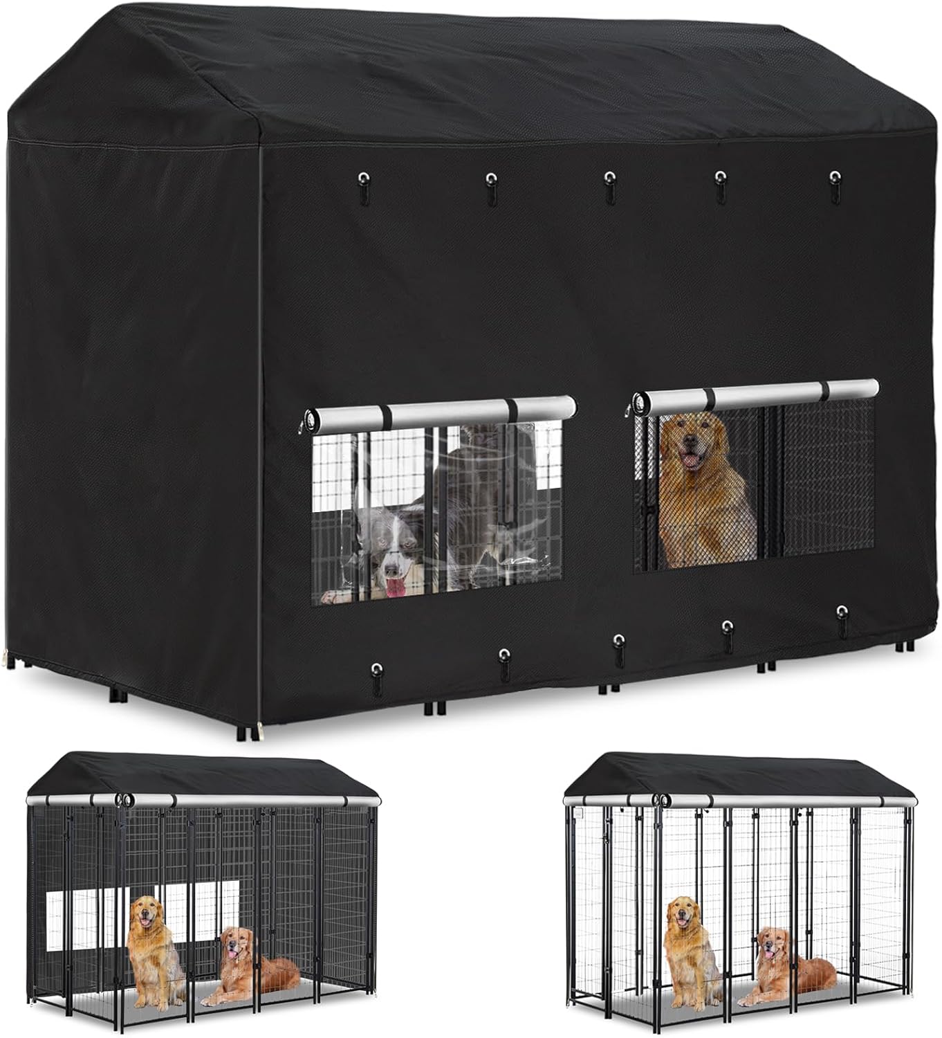 Outdoor Dog Kennel Cover 8'Dx4'Wx6'H Full Coverage Windproof Anti-UV.with Transparent PVC Window and Breathable Mesh.Waterproof Dog Kennel Cover for Multiple Brands of Dog Kennels,Cover Only.(Black)