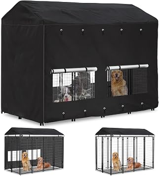 Outdoor Dog Kennel Cover 8Dx4Wx6H Full Coverage Windproof Anti-UV.with Transparent PVC Window and Breathable Mesh.Waterproof Dog Kennel Cover for Multiple Brands of Dog Kennels,Cover Only.Black