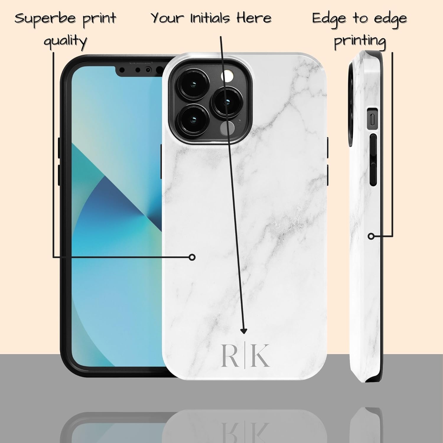 Custom Monogram Initials White Marble Case, MagSafe Compatible Magnetic Personalized Name Case, Compatible with iPhone 17 Air, 16 Pro Max, 15 Plus, 14, 13 Mini, 12, 11, X/XS Max, XR, 7/8