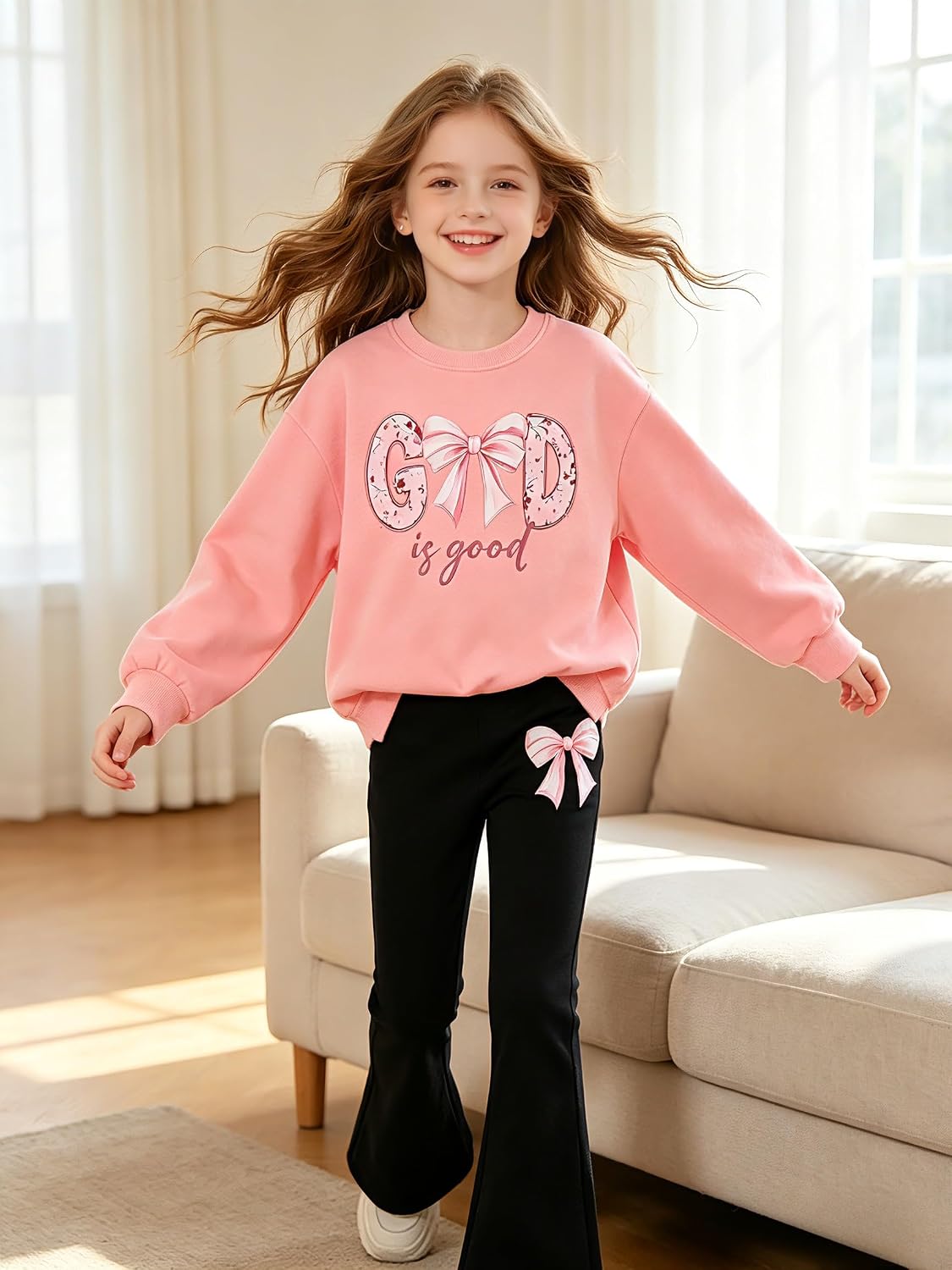 Girls Clothes 2PCS Outfits Long Sleeve Bow Letter Sweatshirt & Flared Pants Fall Clothing Set Size 7-14 Years