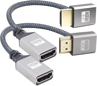 RIIEYOCA 90 Degree Up&Down Angle UHD 4K HDMI Female to HDMI Male Braided Cable 0.56ft,18Gbps High Speed 2.0 Braided Cable, Supports 4K@60Hz,1080p,ARC,3D,for Blu-ray Players,DVRs,HDTV,Roku Ultra(2pack)