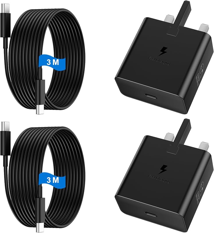 USB C Charger for Samsung Fast Charger USB C Plug & Cable 3M Long 25W Type C Super Fast Phone Charging Android Adaptor UK 2-Pack for Galaxy S26/S25 Ultra/S24/S23/S22/S21/A56/A55/A36/A17/A16/Note 20/10