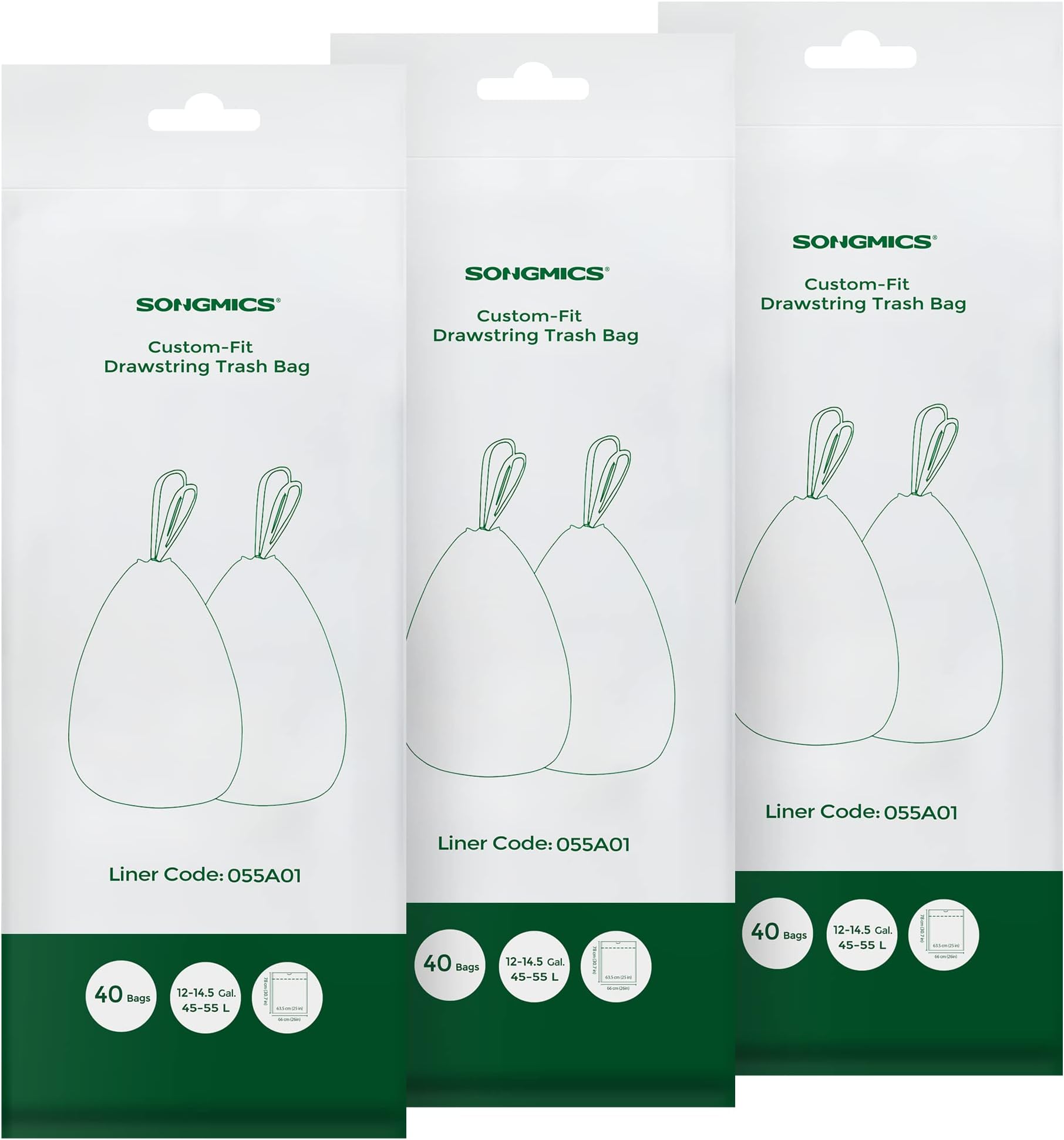 Trash Bags for 12-14.5 Gallon (45-55L) Trash Cans, 120 Count Drawstring Kitchen Garbage Bags, Pre-Separated, Liner Code 055A01, 3 Rolls,White UKRB055A03