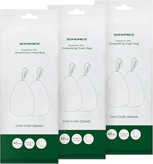 SONGMICS Small Trash Bags for 12-14.5 Gallon Trash Cans, Drawstring Garbage Bags, Liner Code 055A01, 3 Rolls, 120 Count, White UKRB055A03