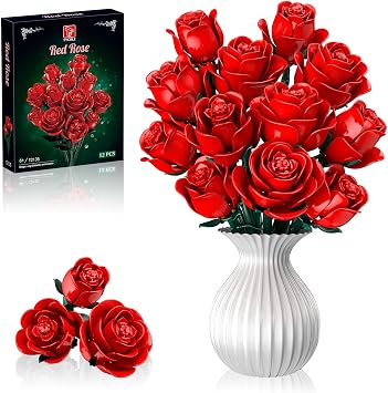 TYCOLE Red Rose Bouquet Building Blocks, 12 Roses Artificial Flowers Building Set for Adults Women, Valentine's Day Gift for Her/Girlfriend/Wife/Couple, Botanical Collection Home Decor Desk Display