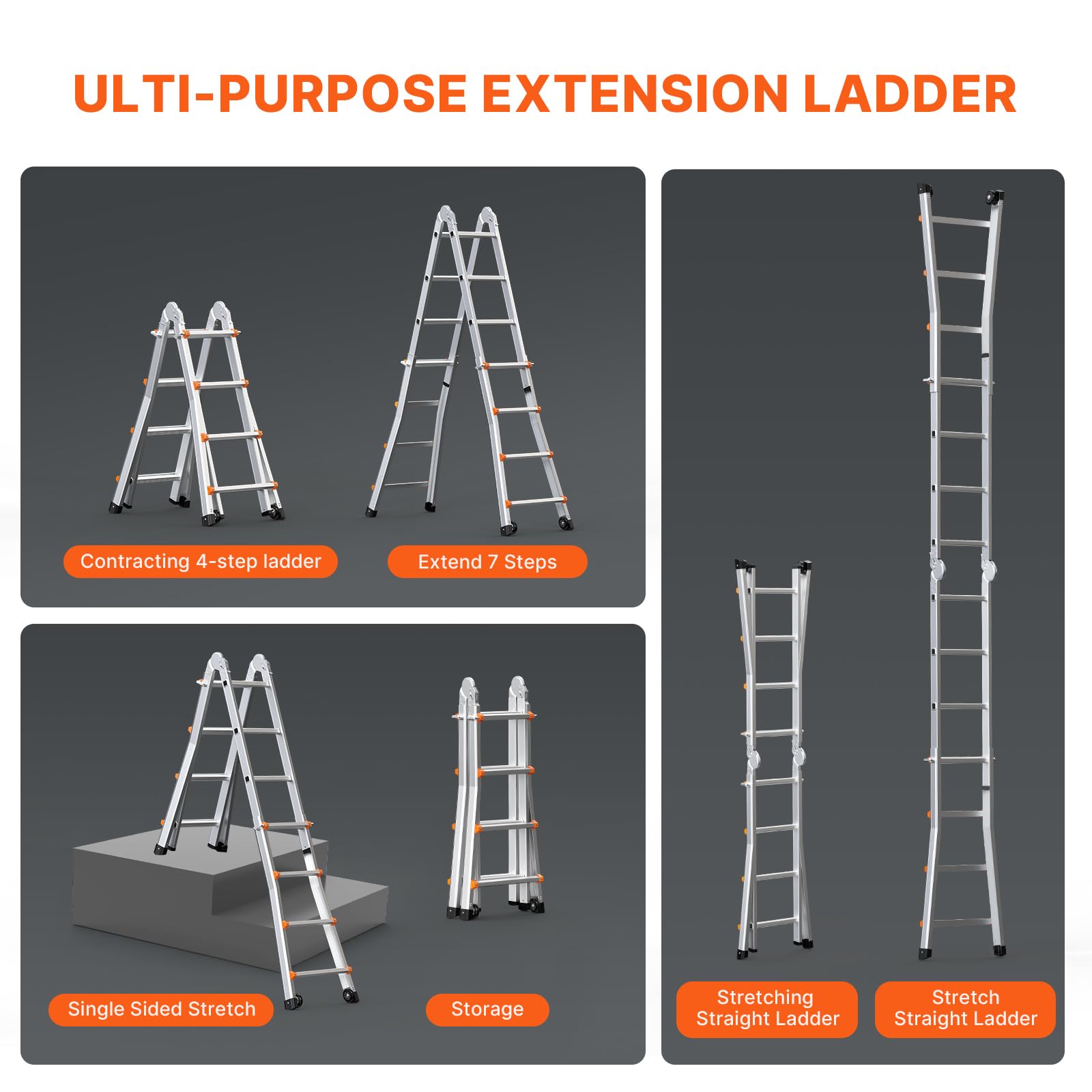 VEVOR Escalera Telescópica con Estructura en A Escalera Extensible 400 cm Escalera Plegable Portátil para RV, Tareas Escolares, Escalera de Techo para Interiores y Exteriores Carga de 149,7 kg