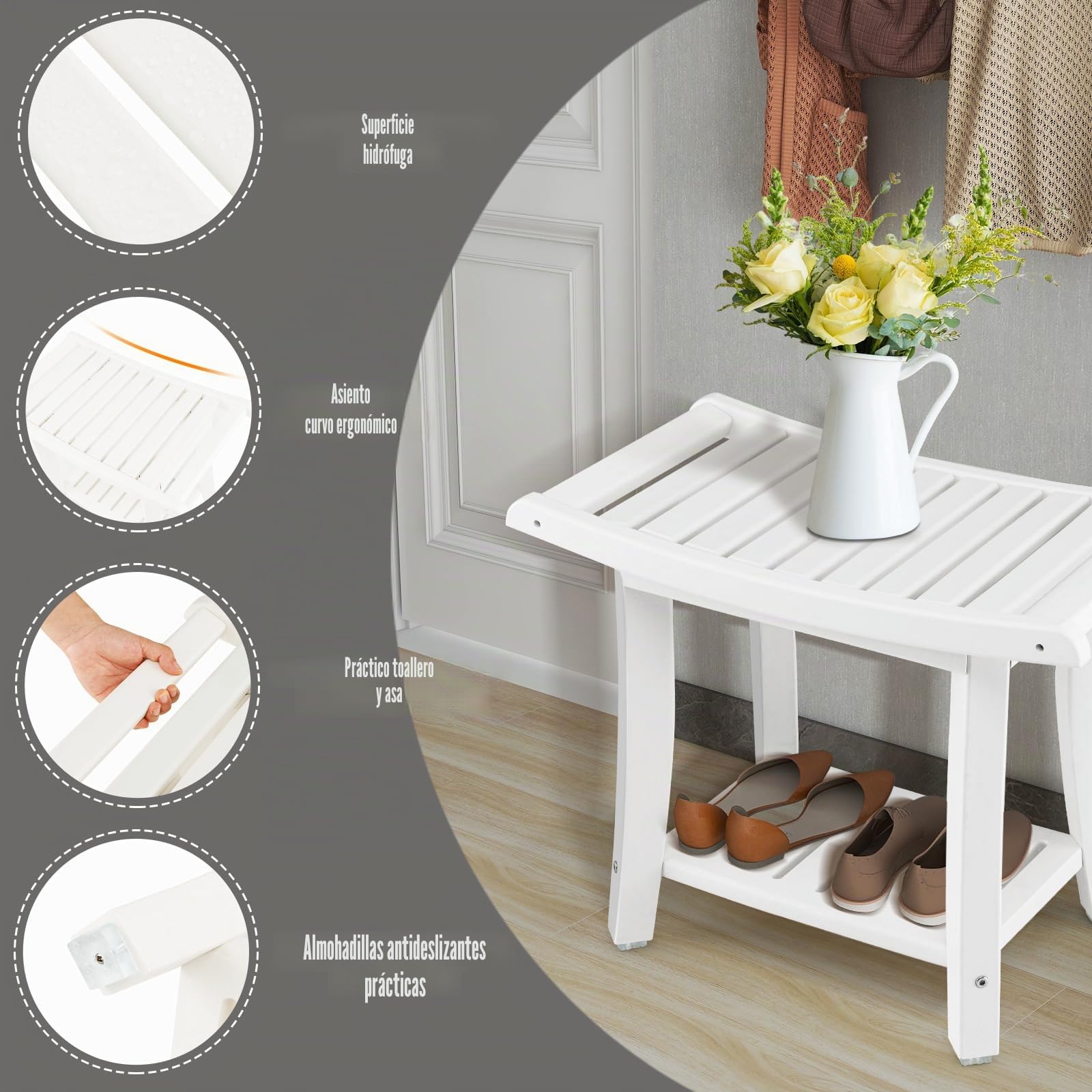 HOMASIS Taburete de Ducha, Taburete de baño de HDPE, Mueble Multiusos con reposapiés, Banco de Ducha Impermeable, Capacidad de 150 kg, 60,5 x 34 x 48 cm, Color Blanco