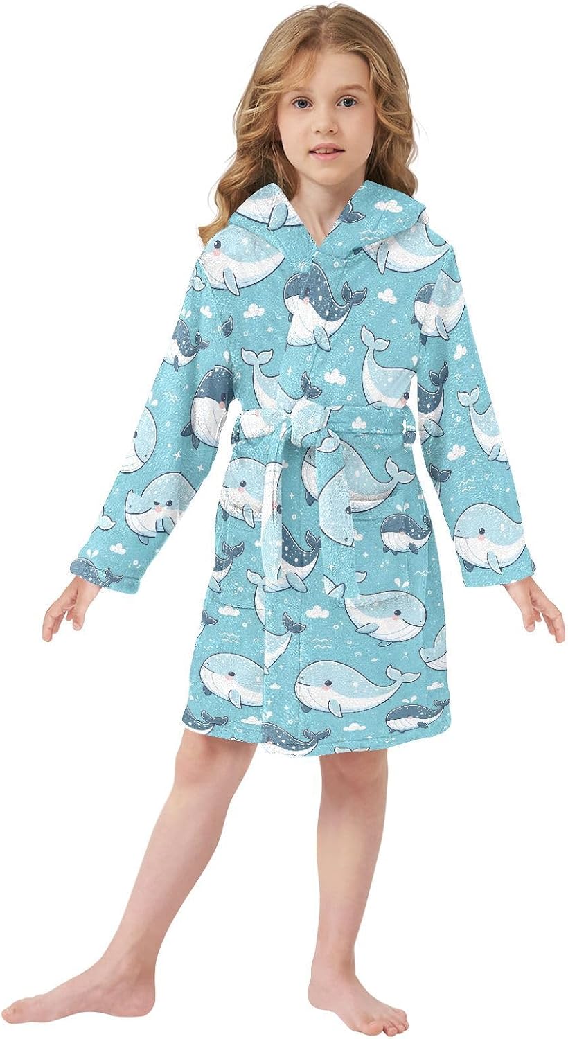 senya Cute Whale Swimming Toddler Hooded Bathrobe Kids Soft Plush Bath Towel Robes for Boys Girls 2-12 Years