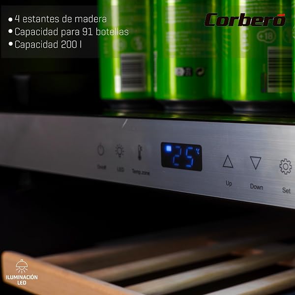 Corberó - Vinoteca CFKWC91SWDZ | 200L | 91 Botellas | Estático Con Ventilador | Doble Zona | Nevera para vino con Luz LED | 4 Estantes de Madera | 45Db | Negro Puerta Cristal - 4