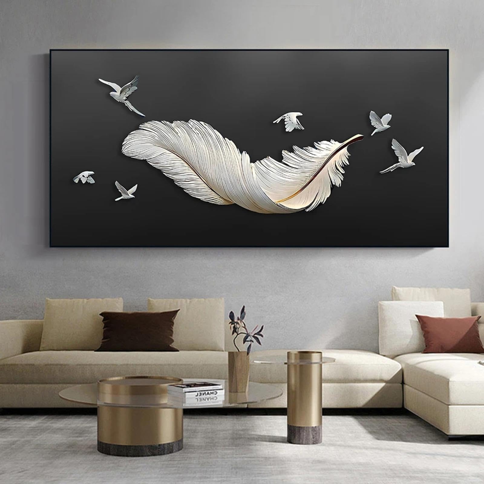 Décoration de salon minimaliste peinture de plumes blanches - 8