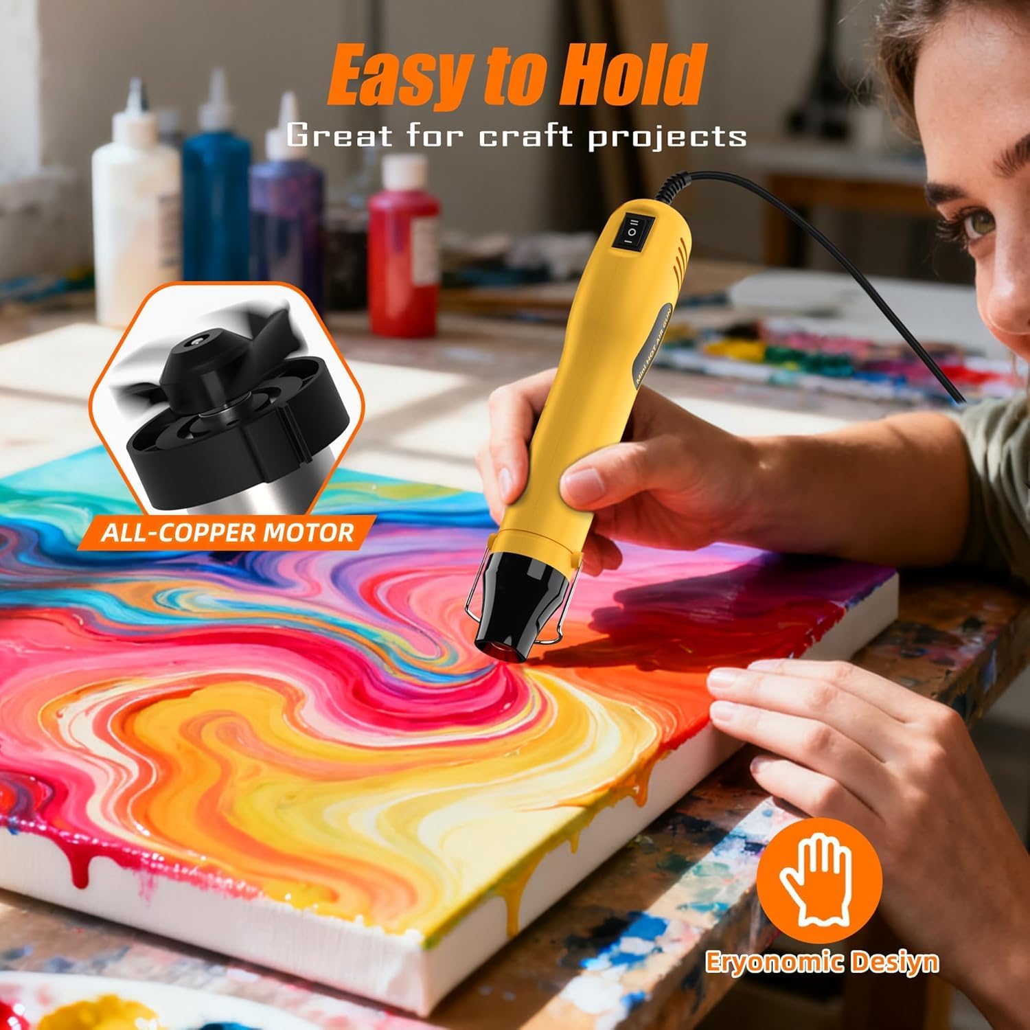 350W Mini Heat Gun, 260℃/450℃ Dual Temp Fast Heat Hot Air Gun with Overload Protection, Reflector Nozzle and Double Insulated 1.5m Cable for Heat Shrink Tubing, Crafts, Embossing (Yellow)