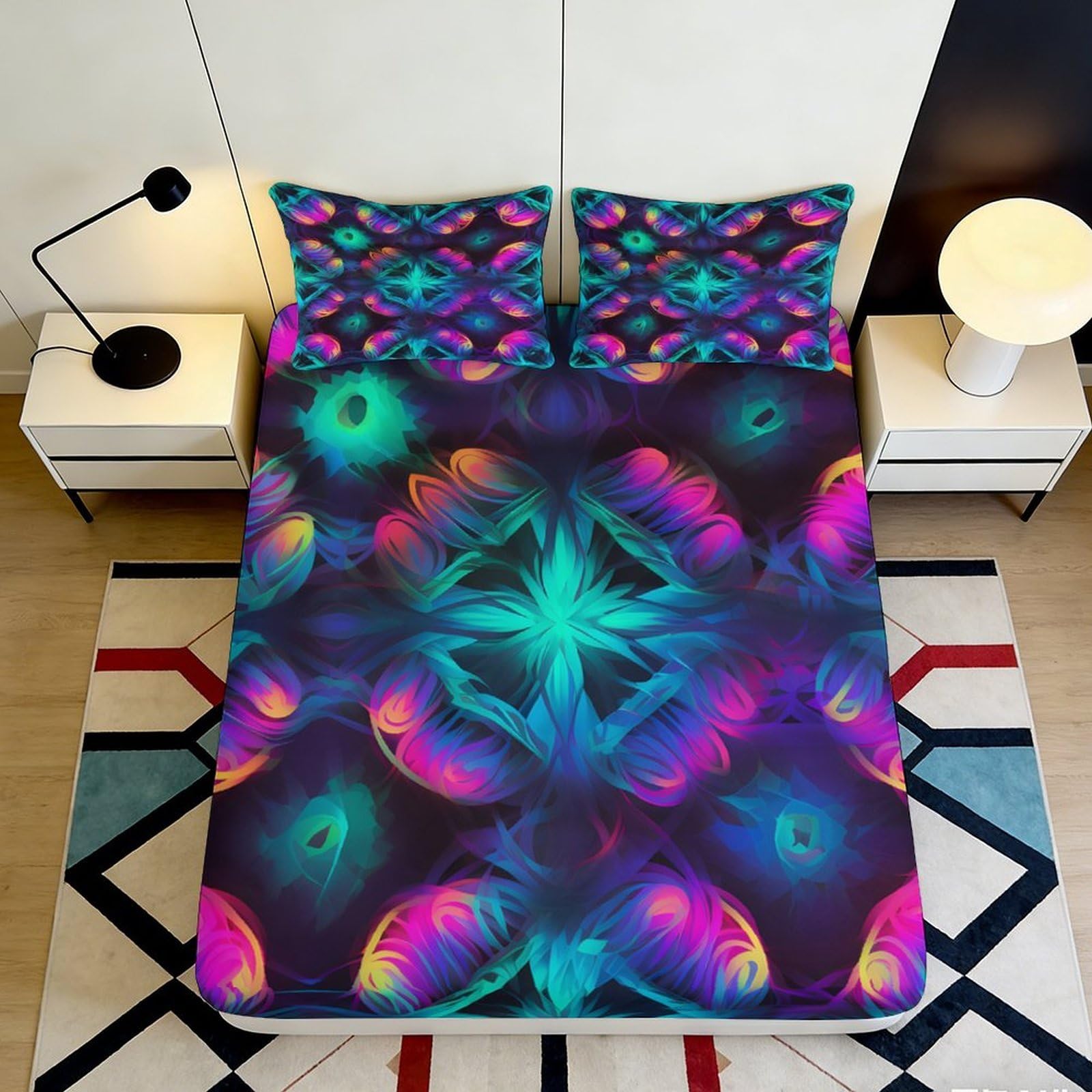 3D Printed Psychedelic Neon Fitted Sheet Microfiber Soft Breathable Abstract Mandala Mattress Cover for Bedroom Dorm Decor 90x200x25cm