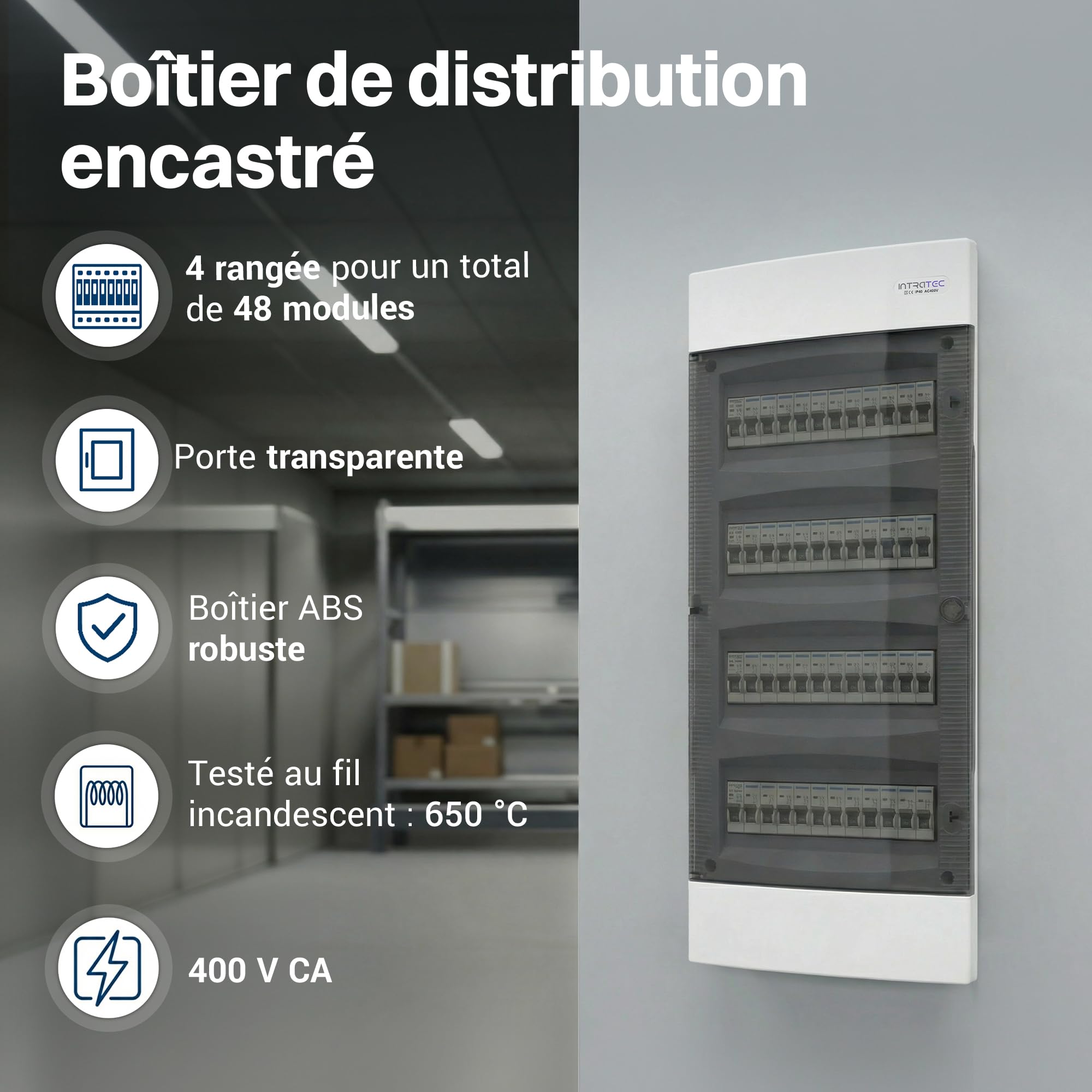 Intratec Coffret de Distribution Encastré 4 Rangée – Coffret IP40 pour 48 Modules avec Porte Transparente et Rail pour Installation Électrique Facile à Domicile & en Entreprise – 676 x 283 x 106mm