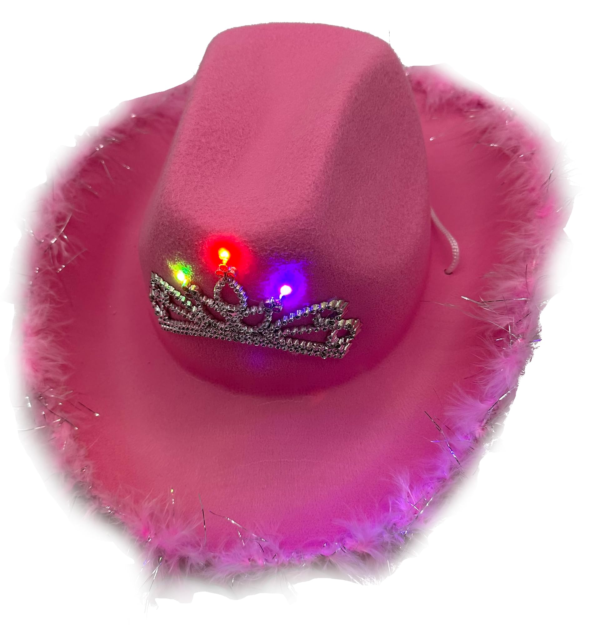 Studio Halloween Adult's Light Pink Cowboy Hat And Tiara With Party Wire EL Light Up Feather Trim
