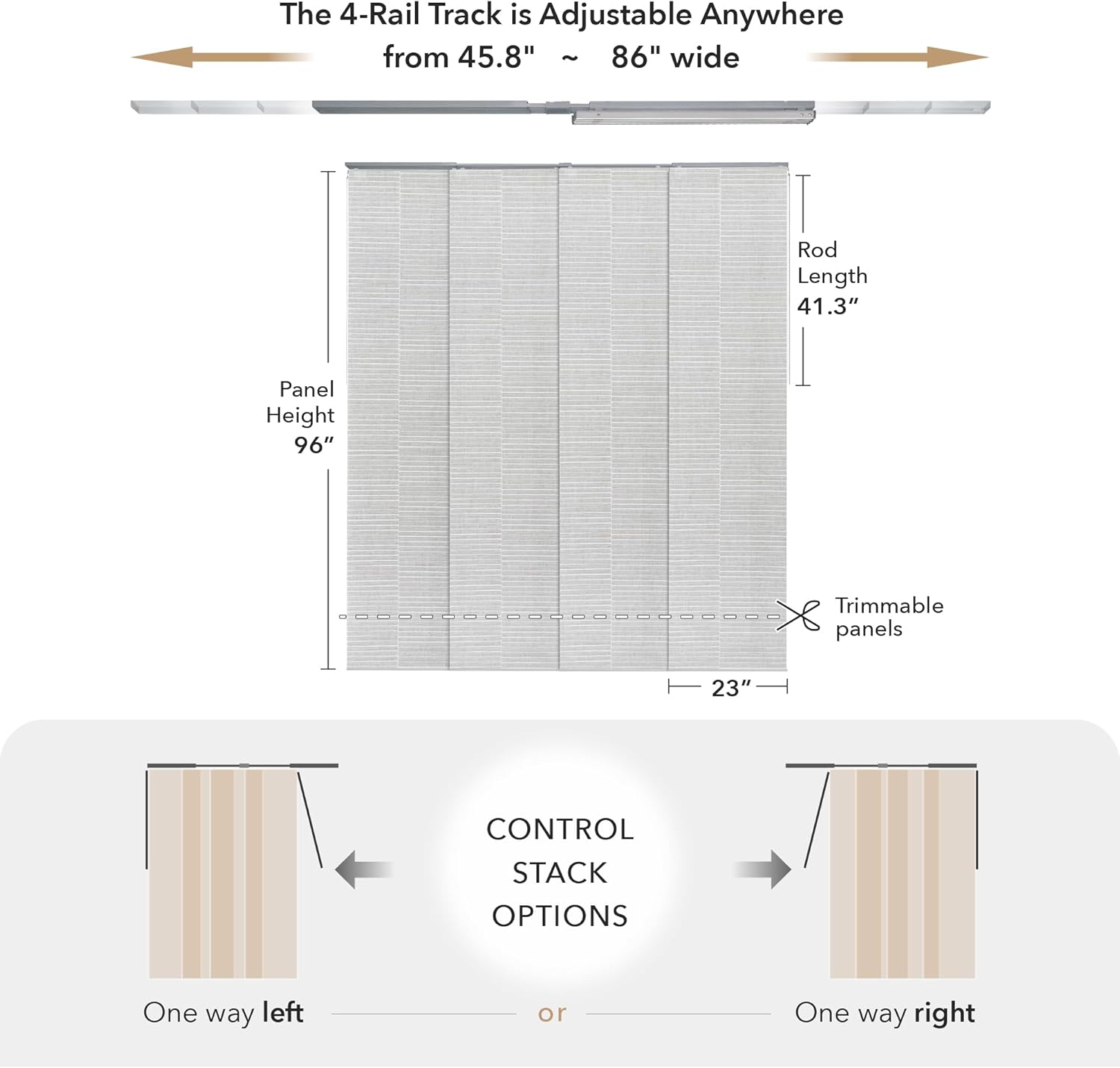 GoDear Design Adjustable Sliding Door Blinds, Vertical Patio Door Blinds, White Panel Track Window Blinds, Extendable Track from 45.8" to 86" W,Trimmable Panel Curtains Up to 96", Semi-Privacy, Zipper