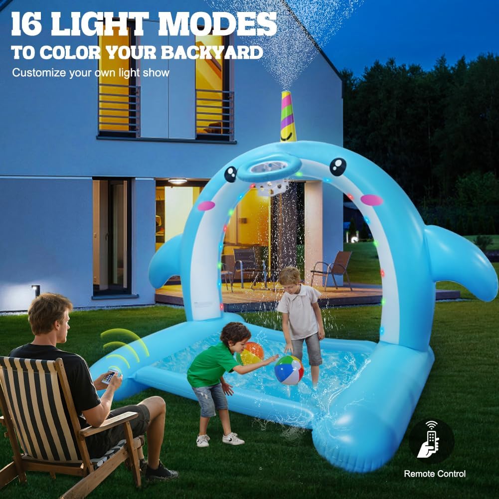 8.7FT Inflatable Whale Sprinkler Water Toys with Basketball Hoop Arch, 3-in-1 Large Splash Pad for Kids & Dogs, 16 LED Lights, Thickened Mat Toys for Outdoor Backyard & Garden Summer Fun